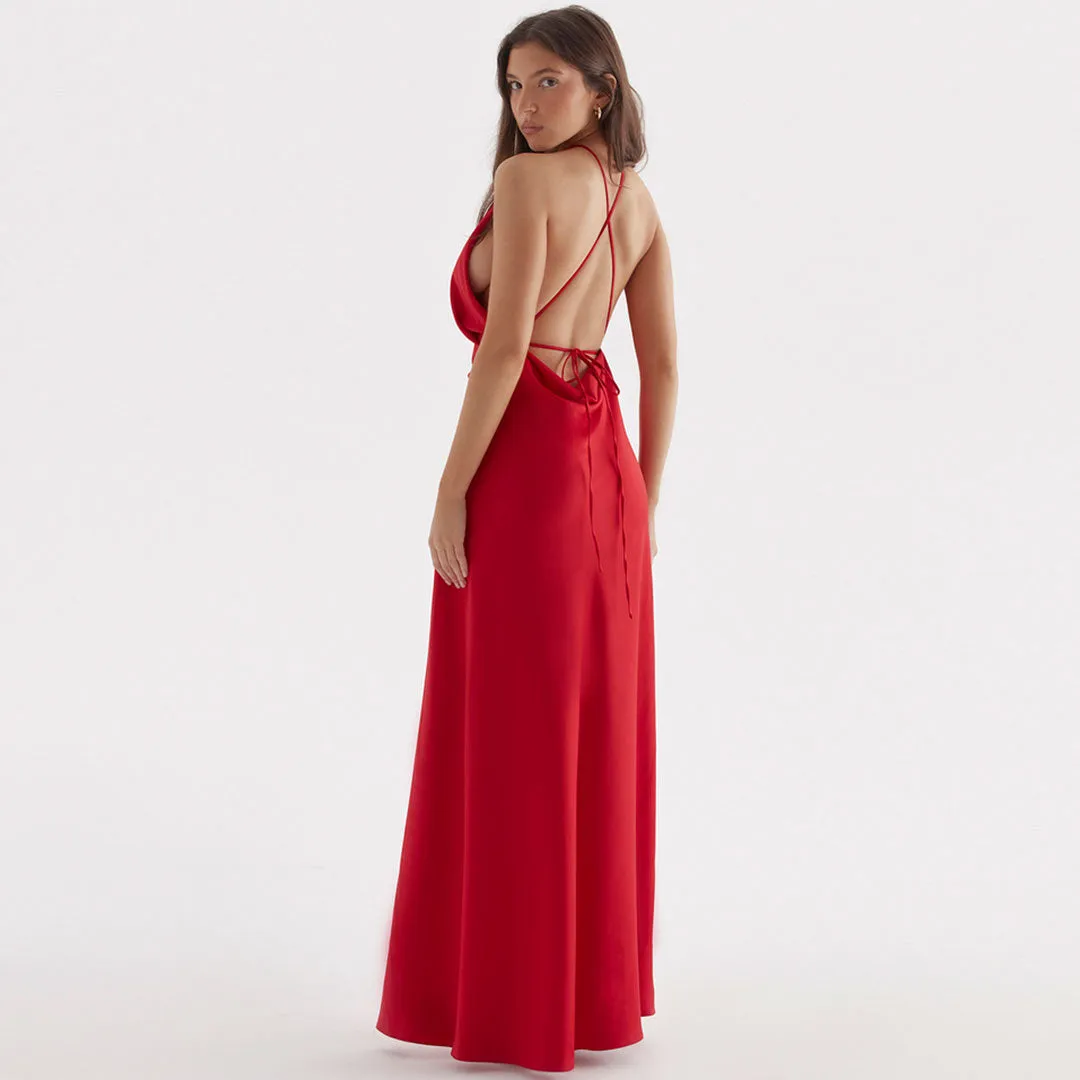 Glossy Satin High Split Sleeveless Backless Evening Maxi Dress - Red