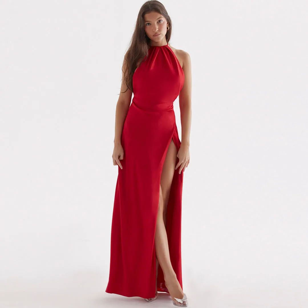 Glossy Satin High Split Sleeveless Backless Evening Maxi Dress - Red