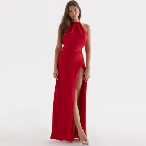 Glossy Satin High Split Sleeveless Backless Evening Maxi Dress - Red