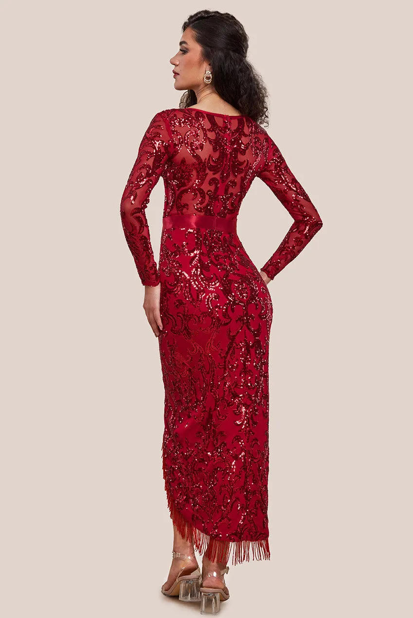 Goddiva Tassel & Sequin Maxi With Front Split - Red