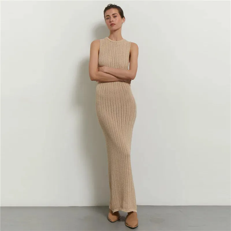 Green Knitted Summer Sexy Hollow Out Sleeveless Maxi Dress for Beach