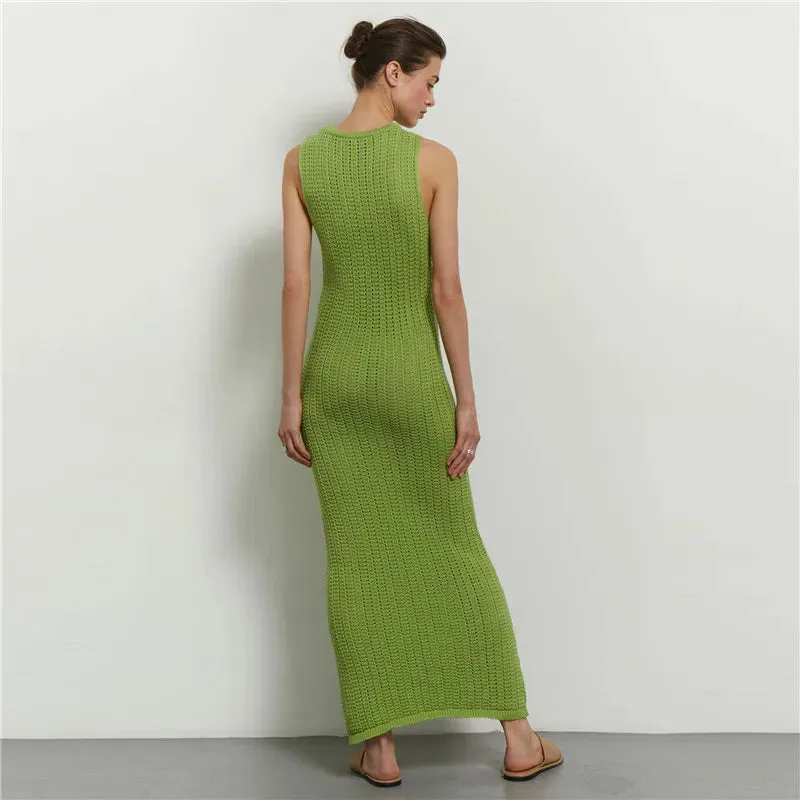 Green Knitted Summer Sexy Hollow Out Sleeveless Maxi Dress for Beach