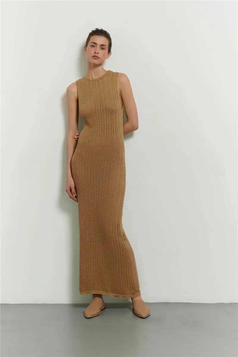 Green Knitted Summer Sexy Hollow Out Sleeveless Maxi Dress for Beach