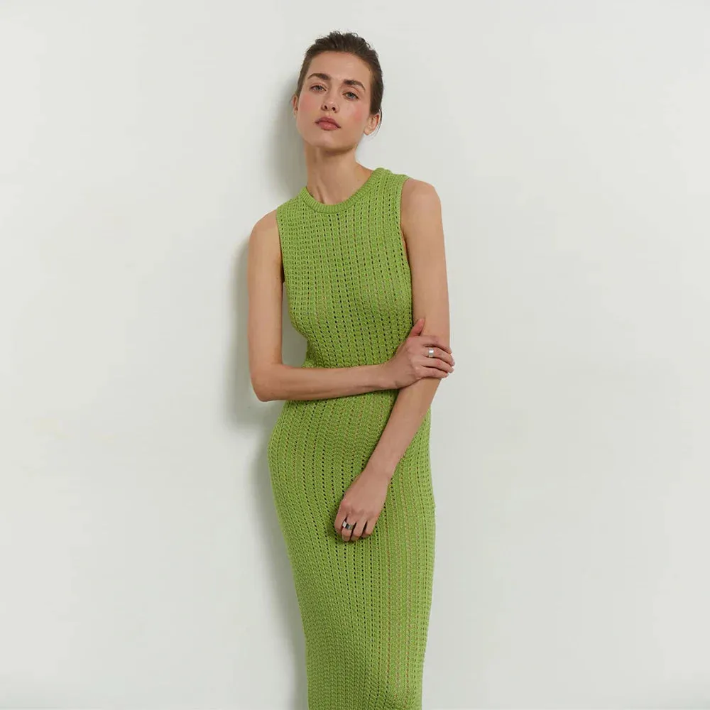 Green Knitted Summer Sexy Hollow Out Sleeveless Maxi Dress for Beach