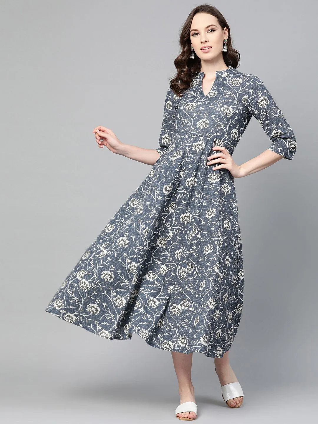 Grey & Off-White Floral Printed Maxi Dress With Madarin Collar & 3/4 Sleeves