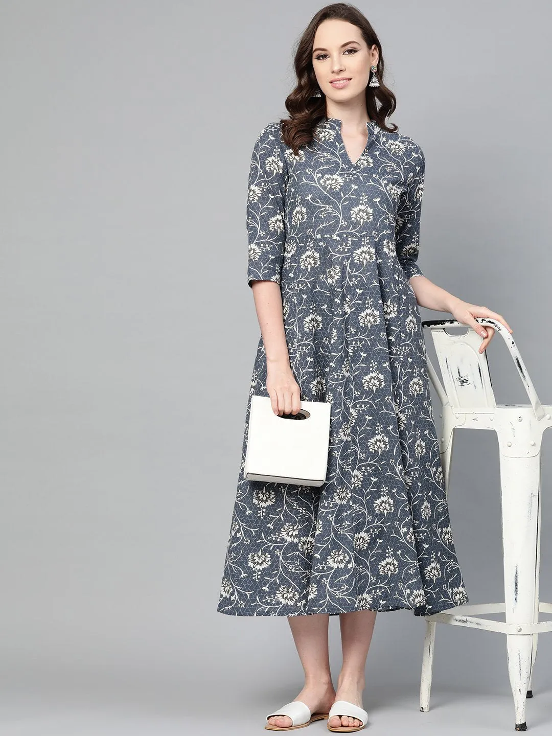 Grey & Off-White Floral Printed Maxi Dress With Madarin Collar & 3/4 Sleeves