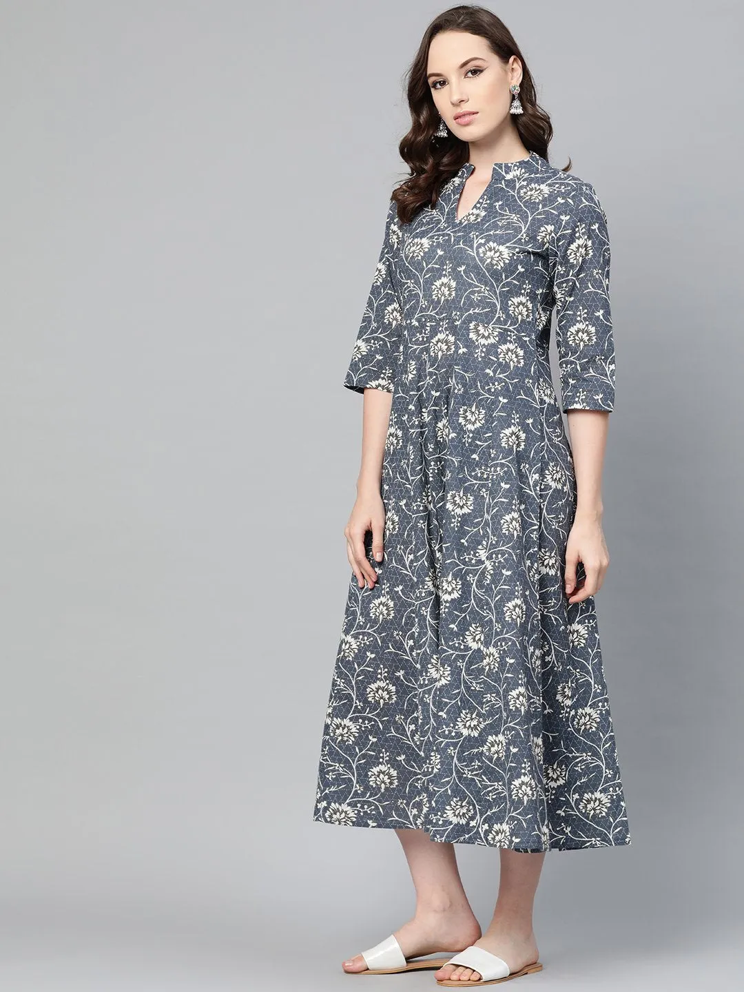 Grey & Off-White Floral Printed Maxi Dress With Madarin Collar & 3/4 Sleeves