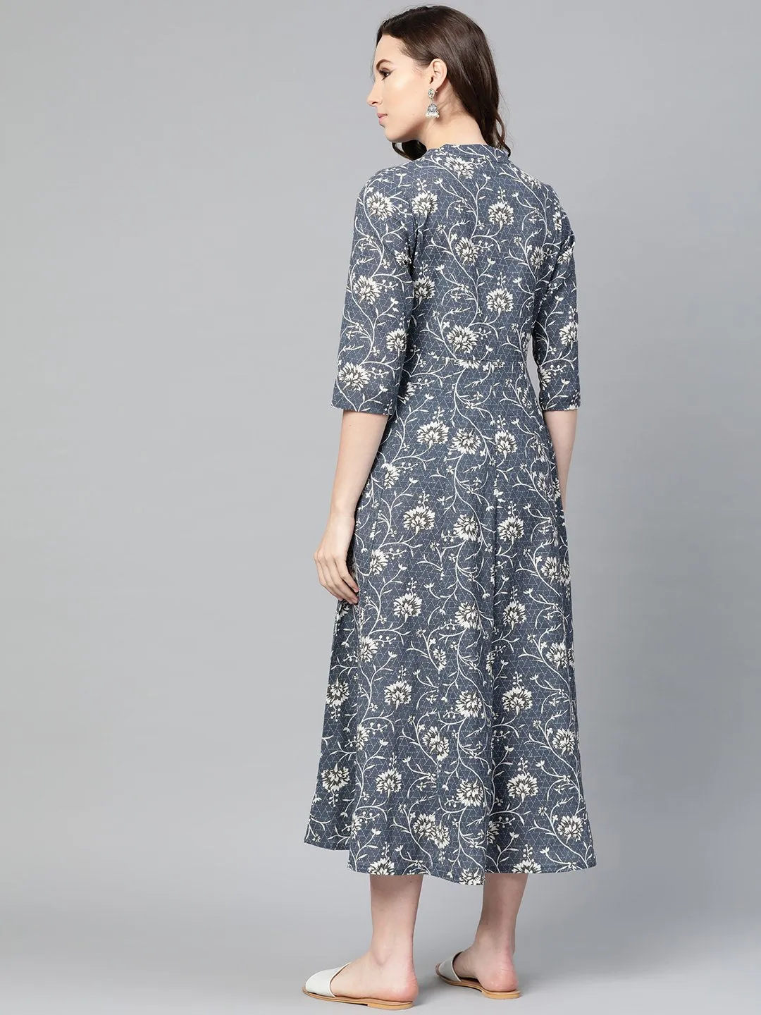 Grey & Off-White Floral Printed Maxi Dress With Madarin Collar & 3/4 Sleeves