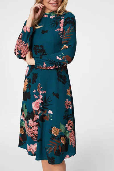 High Collar Floral Dress