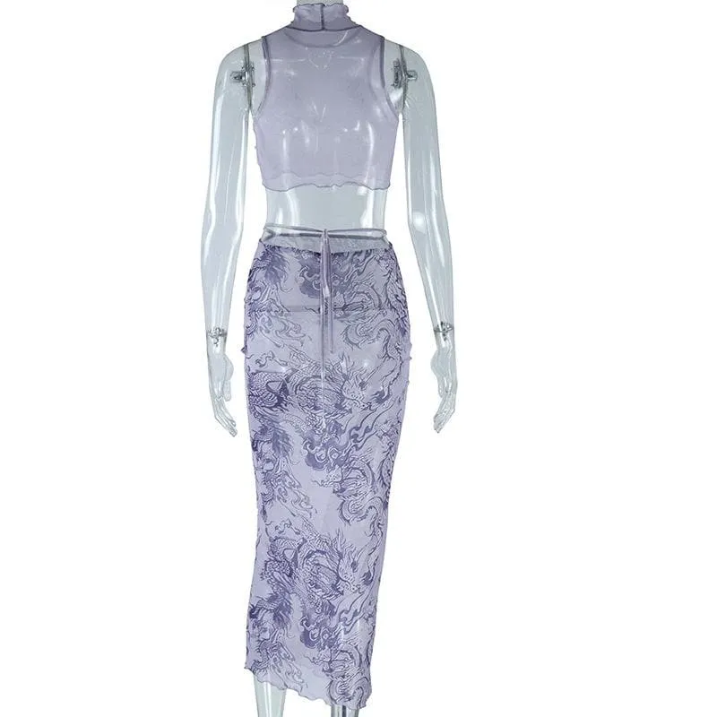 High neck dragon print sheer mesh ruffle midi skirt set