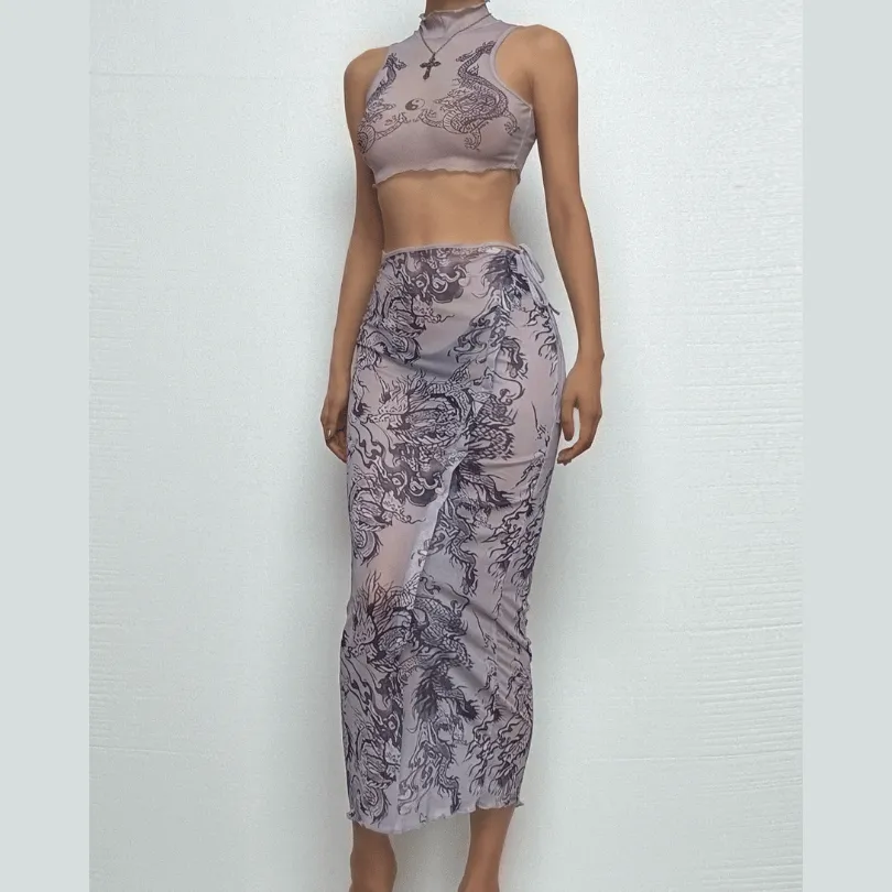 High neck dragon print sheer mesh ruffle midi skirt set