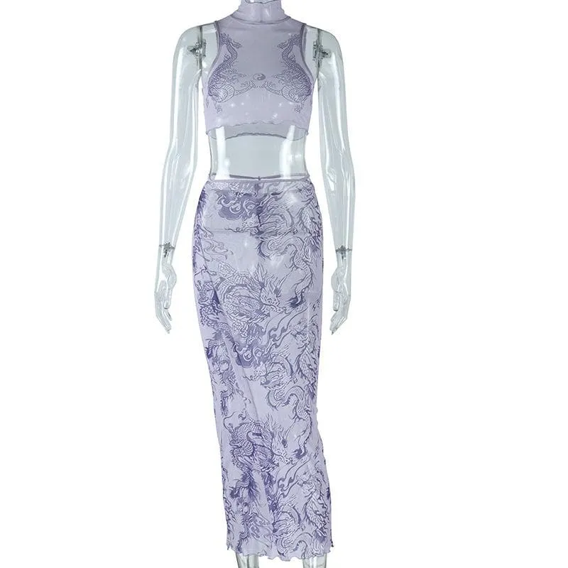 High neck dragon print sheer mesh ruffle midi skirt set