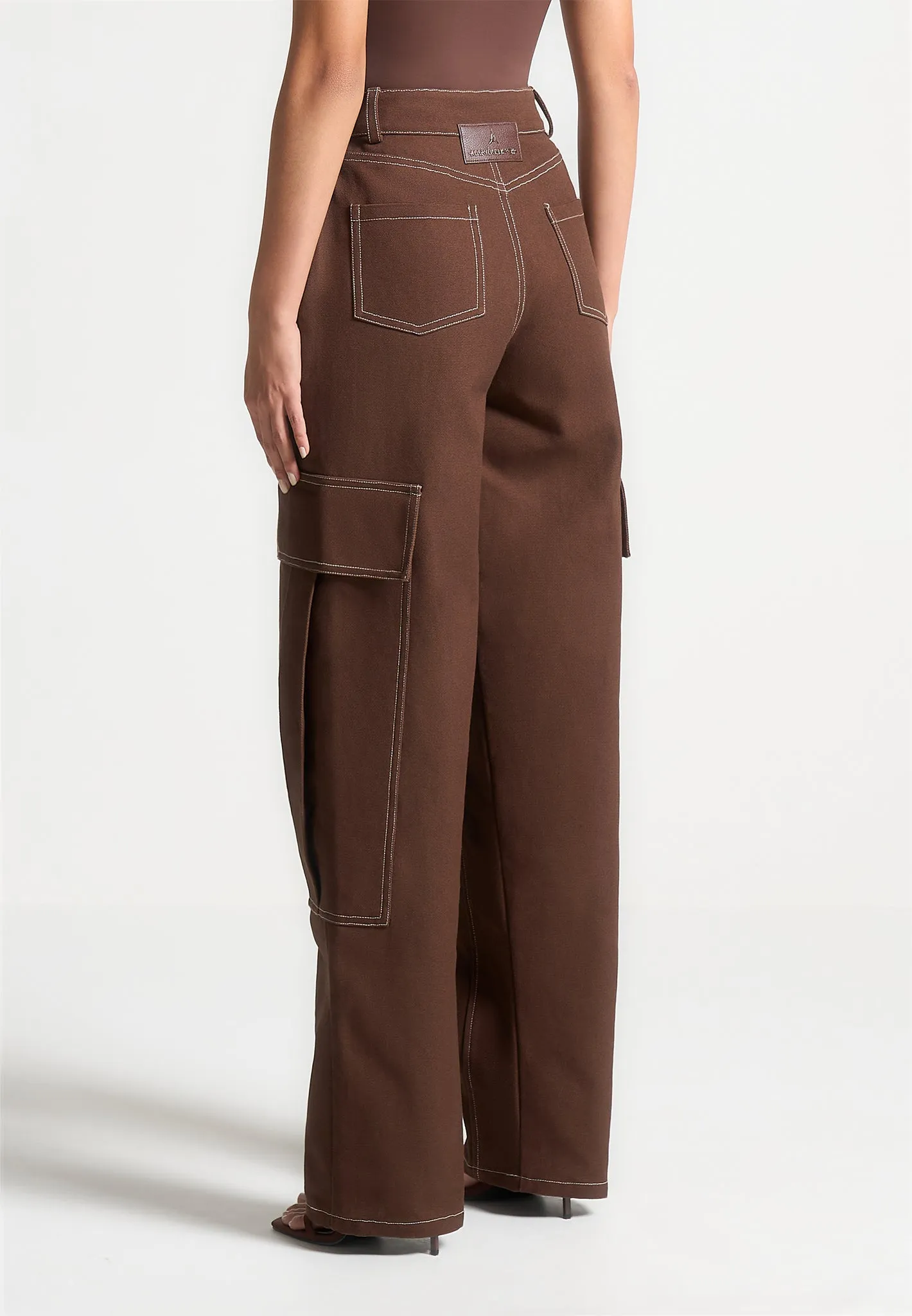 High Rise Drill Cargo Pants - Brown