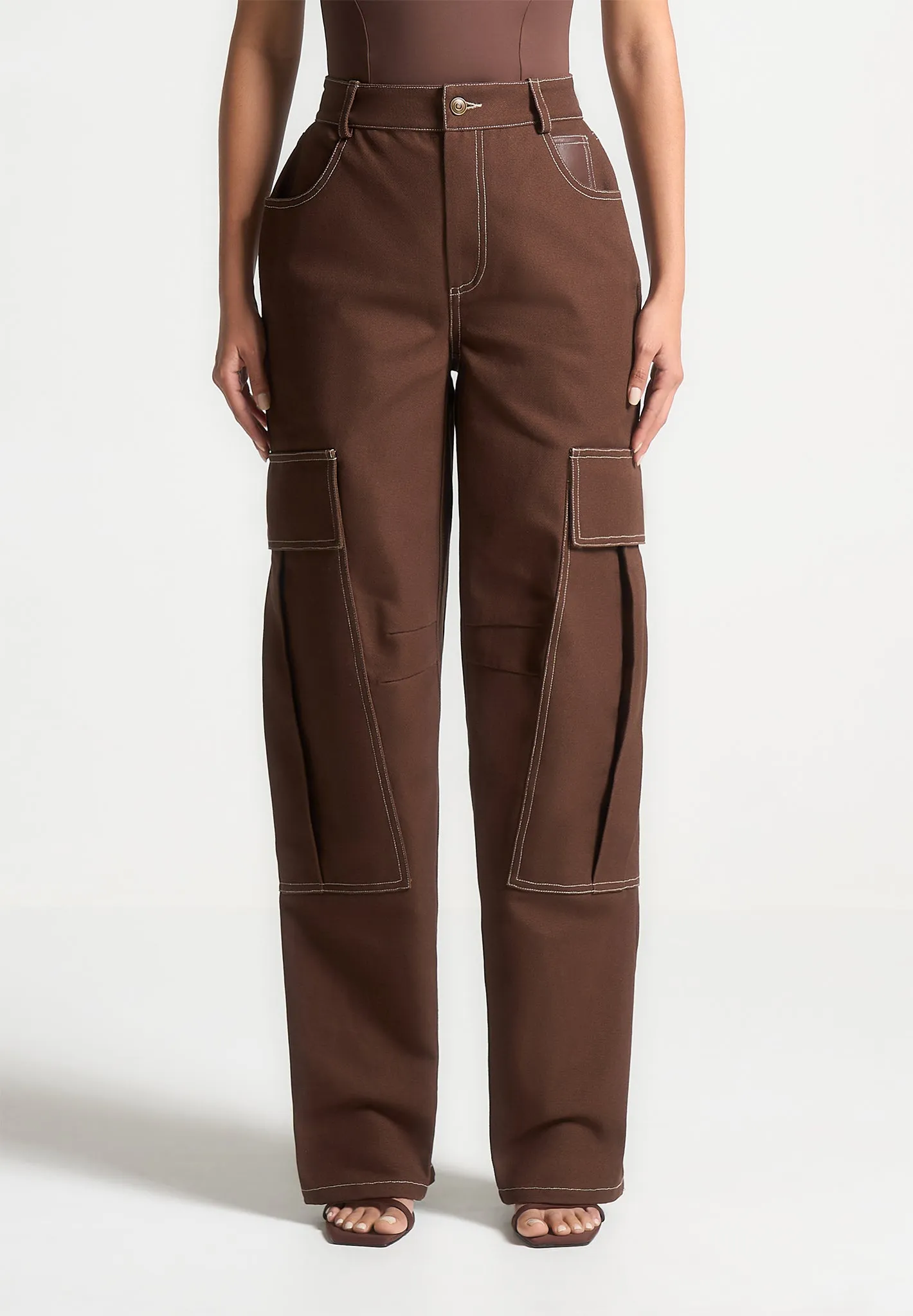 High Rise Drill Cargo Pants - Brown