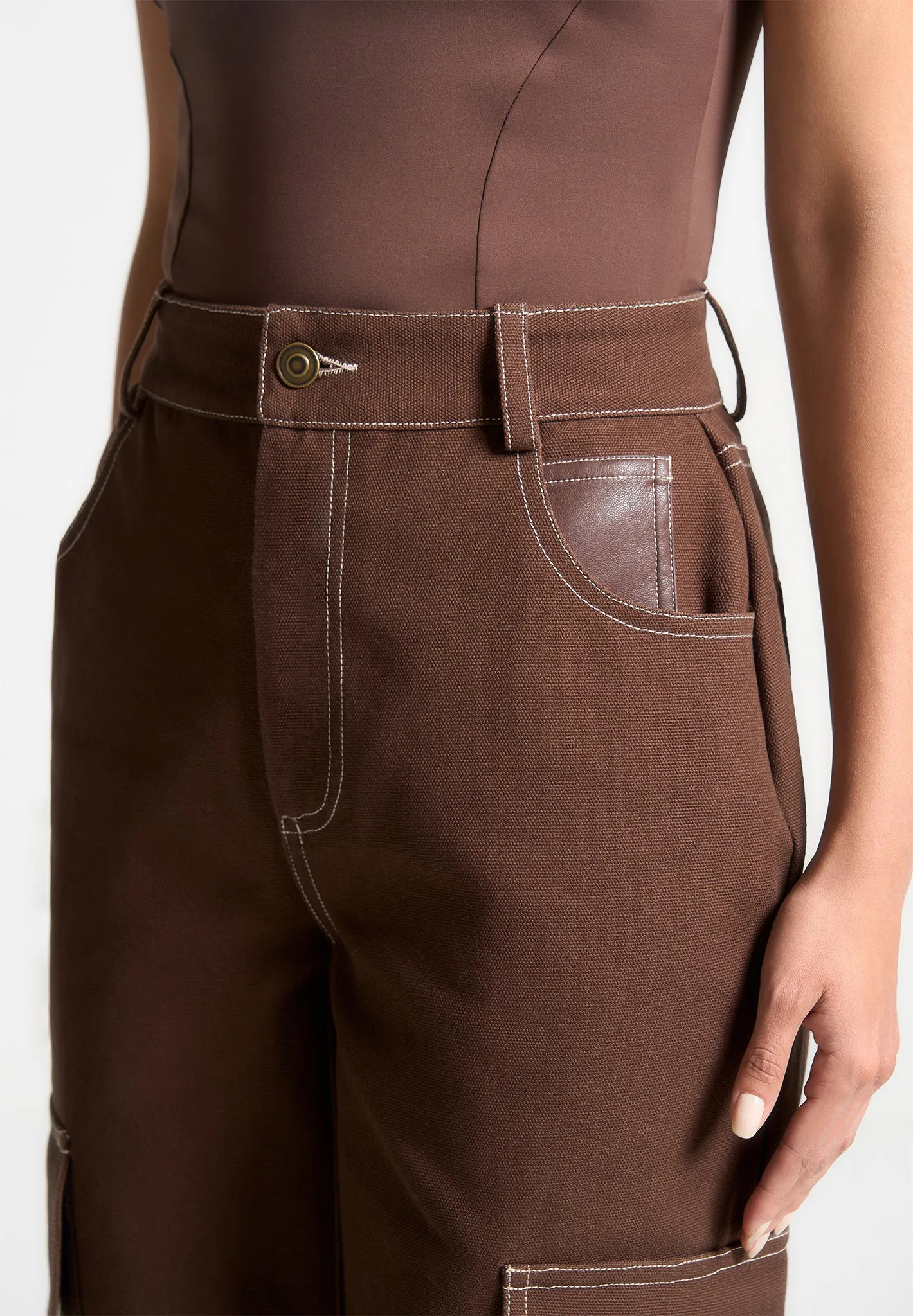 High Rise Drill Cargo Pants - Brown