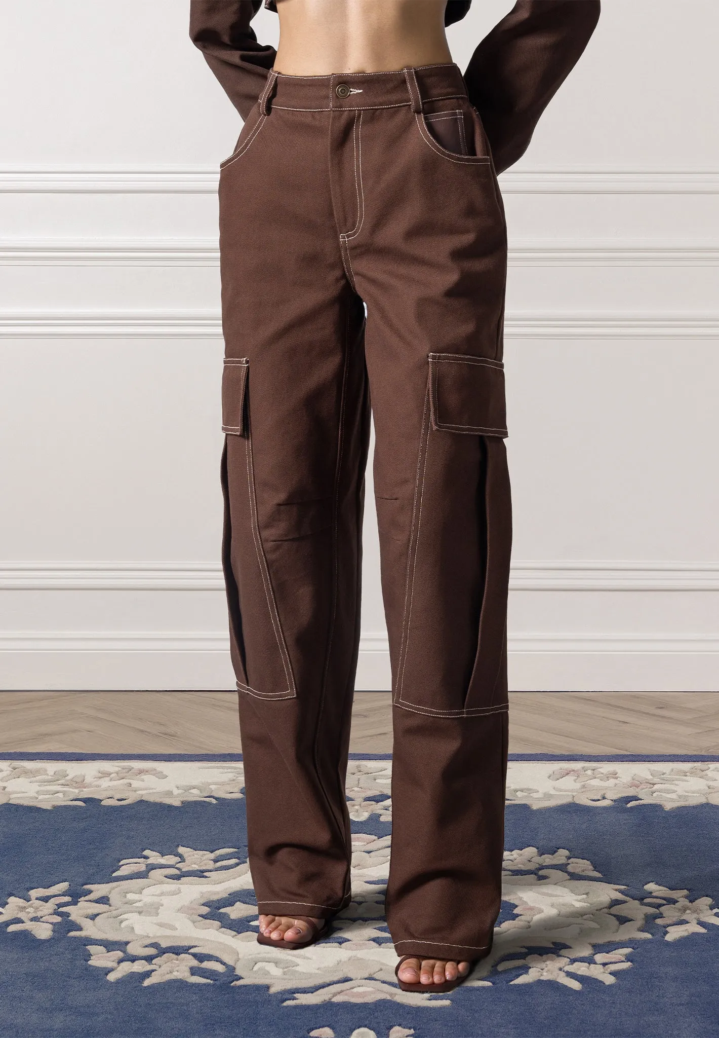 High Rise Drill Cargo Pants - Brown