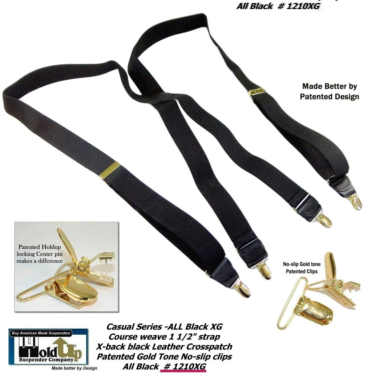 Holdup All Black Casual Series Suspenders in X-back style and USA patented Gold No-slip Clips