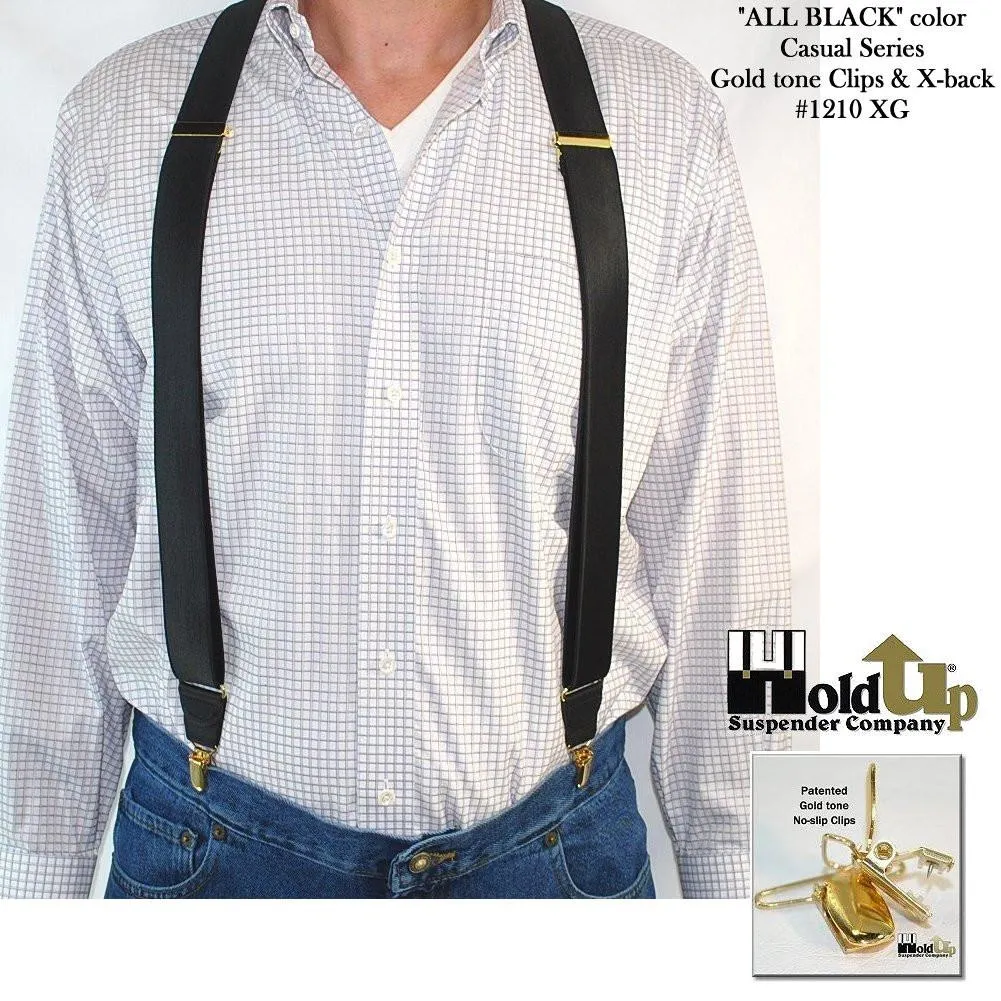 Holdup All Black Casual Series Suspenders in X-back style and USA patented Gold No-slip Clips