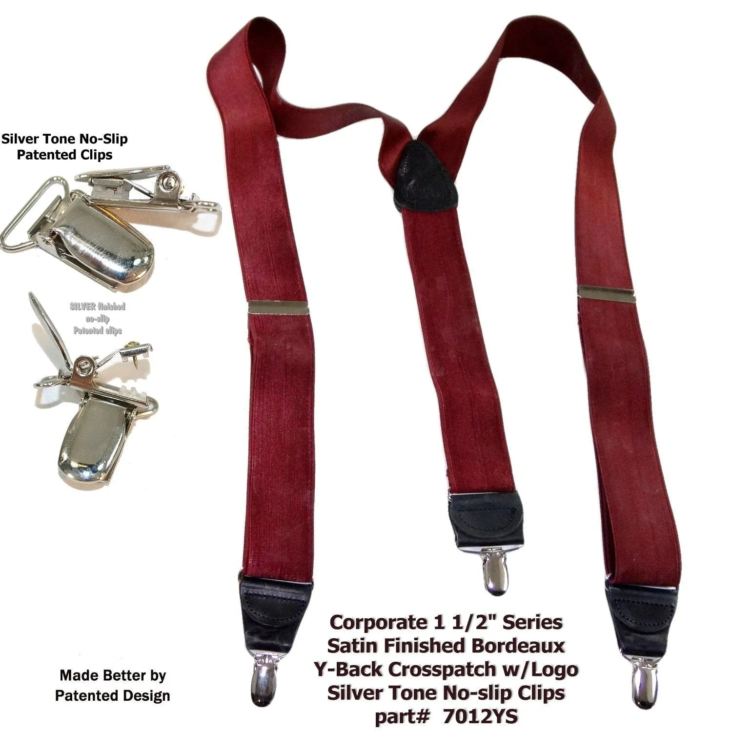 Holdup Suspender Company's deep Merlot Burgundy colored clip-on suspenders in Y-back with Patented No-slip silver-tone clips