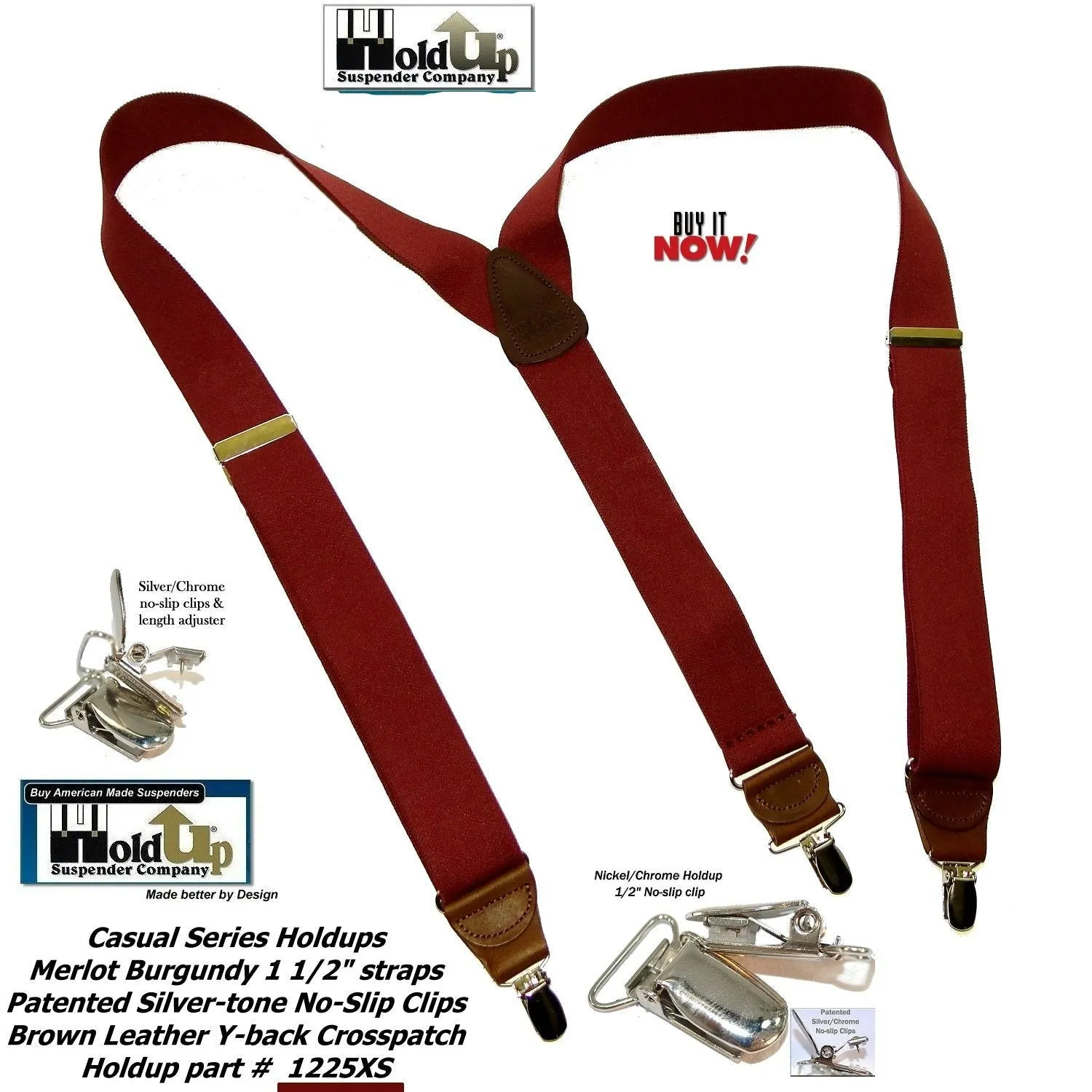 Holdup Suspender Company's deep Merlot Burgundy colored clip-on suspenders in Y-back with Patented No-slip silver-tone clips