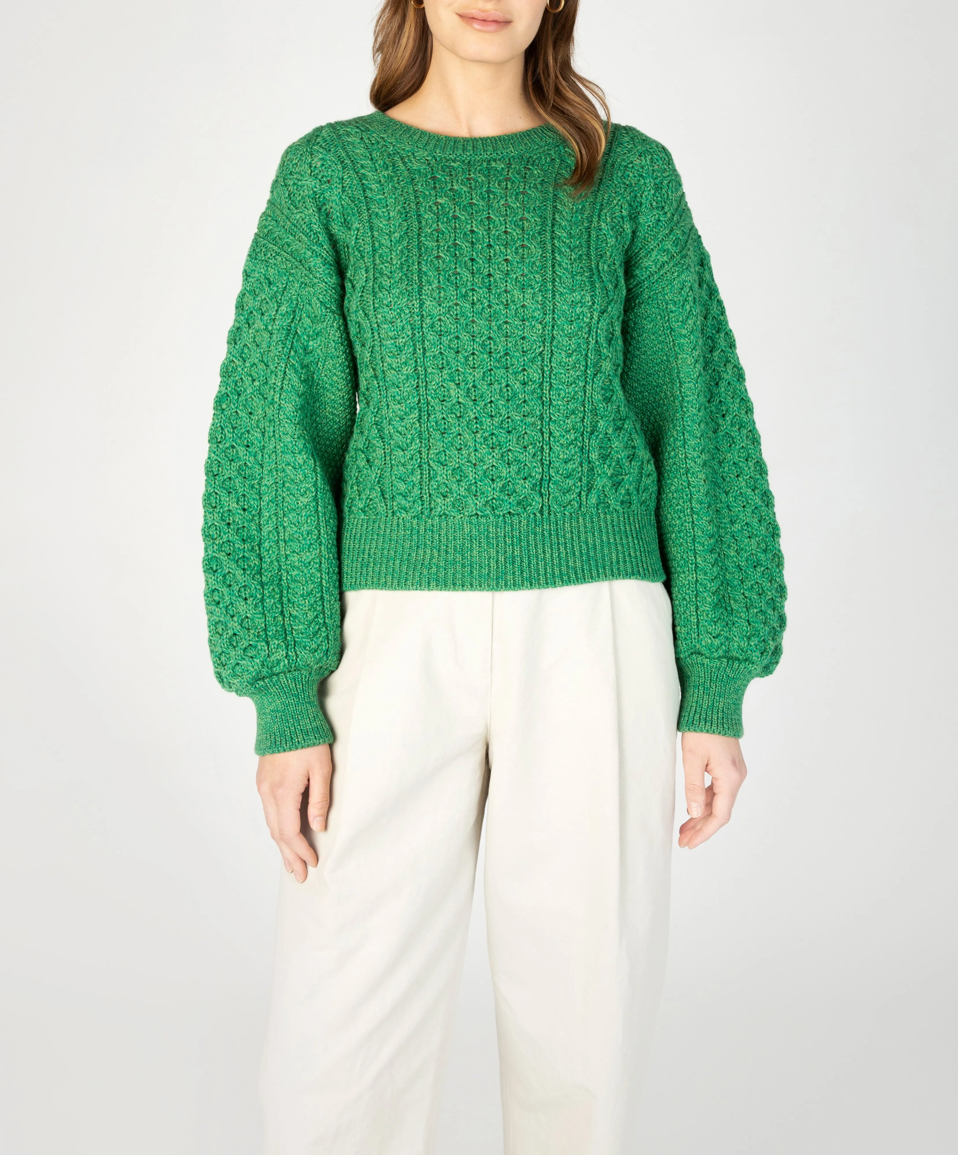 Honeysuckle Cropped Aran Sweater Green Marl