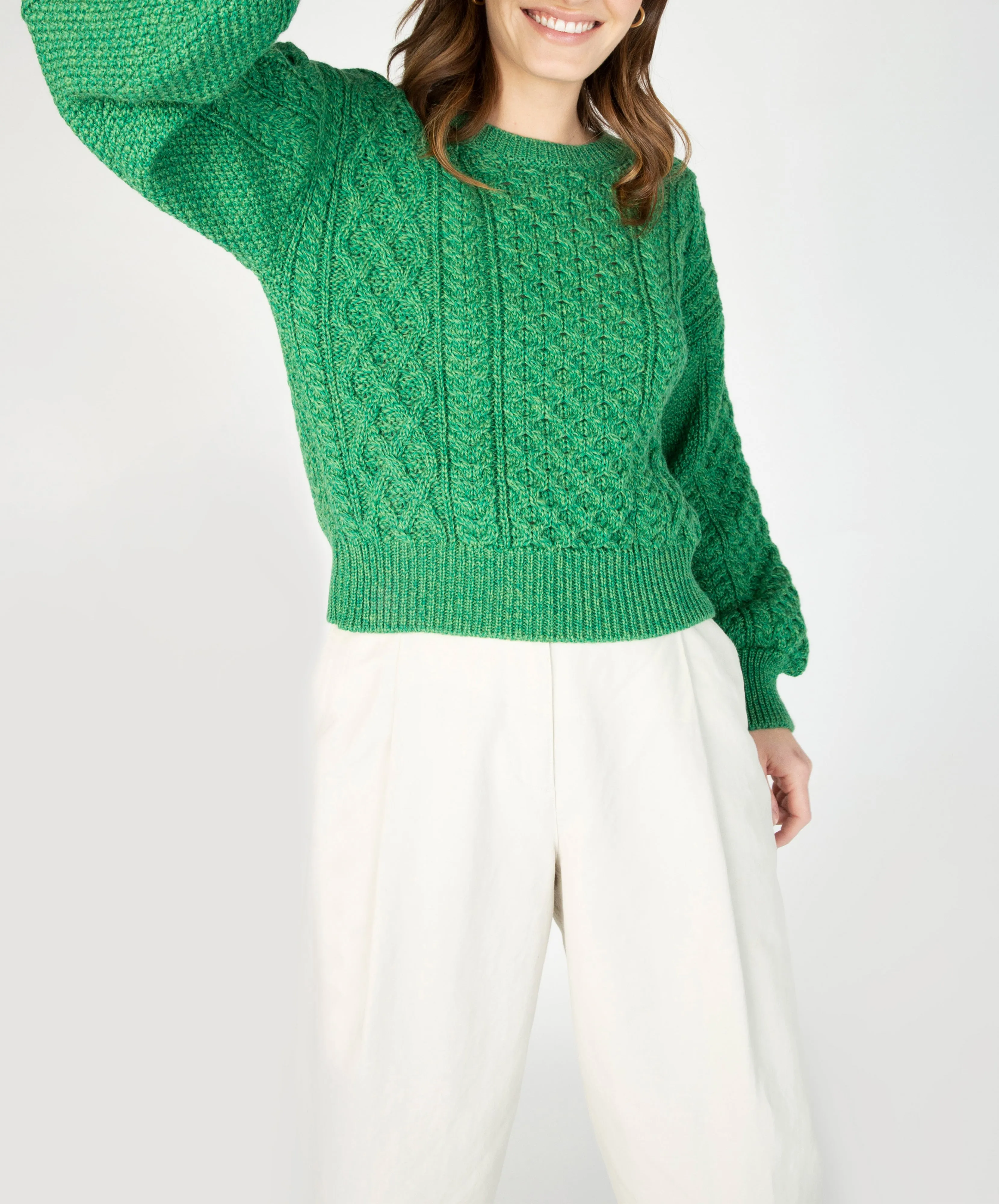 Honeysuckle Cropped Aran Sweater Green Marl