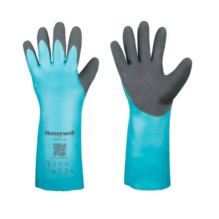 Honeywell Flextril 33-3765E/8M Nitrile Chemical Gloves, 231 Supported, A3/C Cut Resistant, Angel Blue/Green, 8 - Medium, Pack of 12