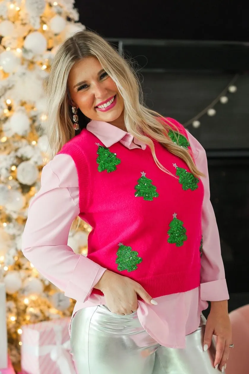 Hot Pink Sequins Tree Sweater Vest