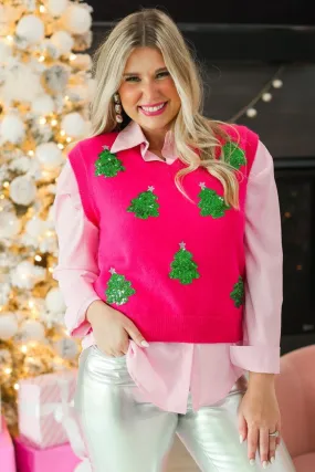 Hot Pink Sequins Tree Sweater Vest