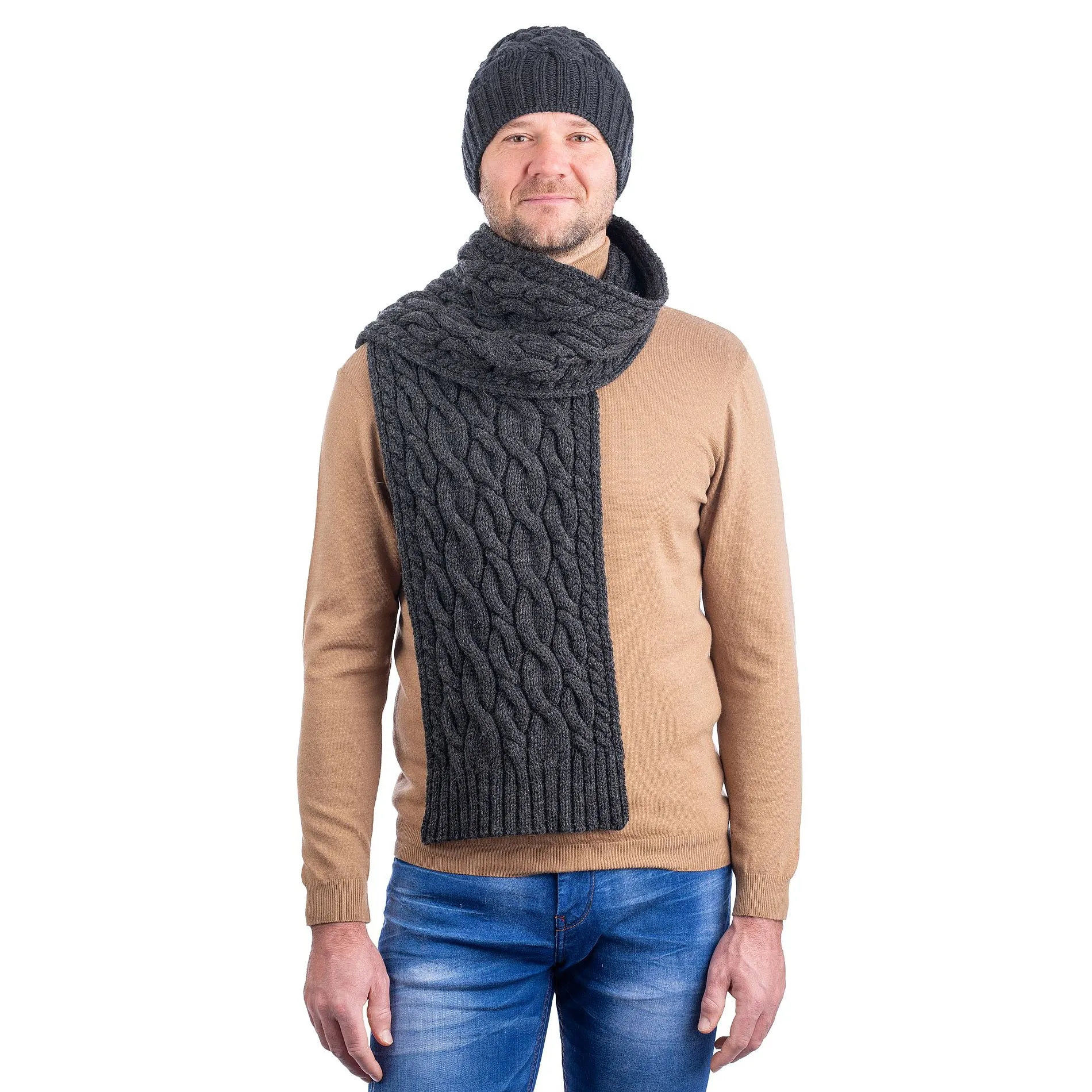 Irish Wool Cable Knit Aran Scarf for Men