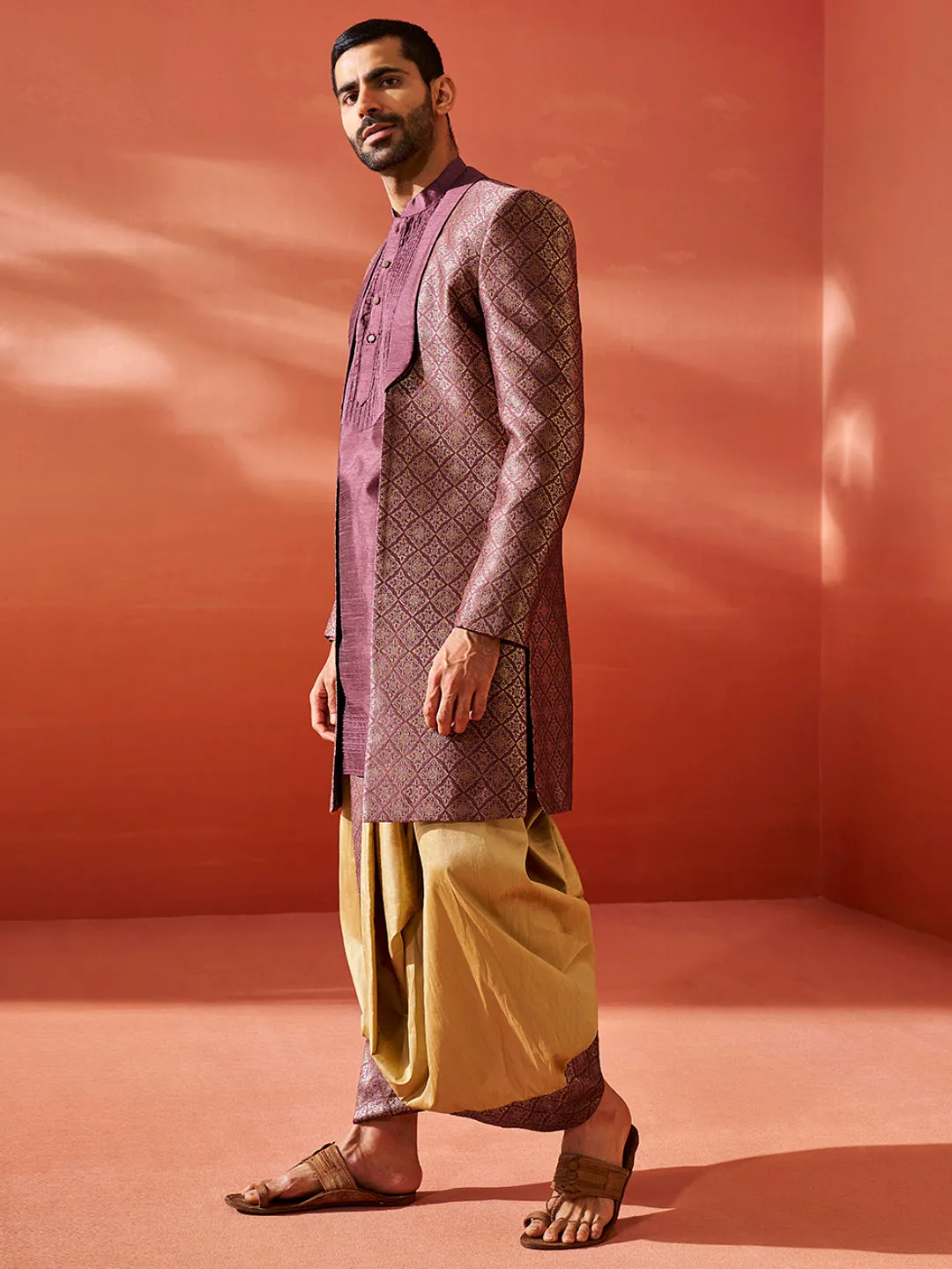 Jashvi Men's Purple Silk Blend Sherwani Set