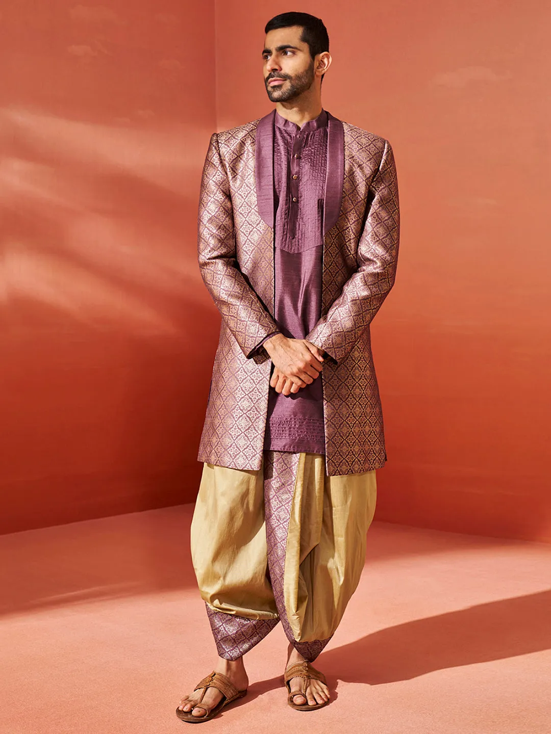 Jashvi Men's Purple Silk Blend Sherwani Set