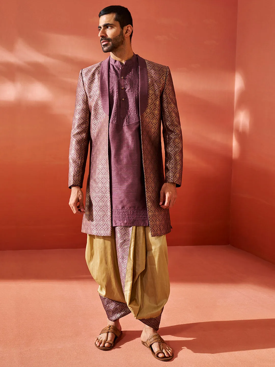 Jashvi Men's Purple Silk Blend Sherwani Set