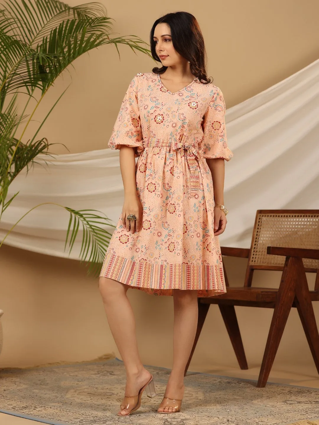 Jashvi Peach Floral Printed Pure Cotton Short Dress With Belt & Beads Work