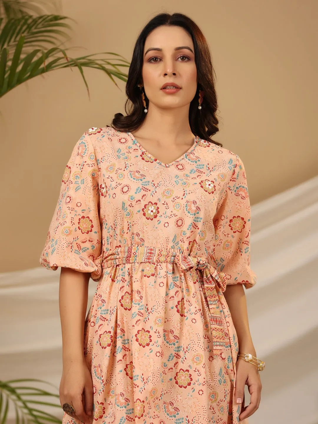 Jashvi Peach Floral Printed Pure Cotton Short Dress With Belt & Beads Work