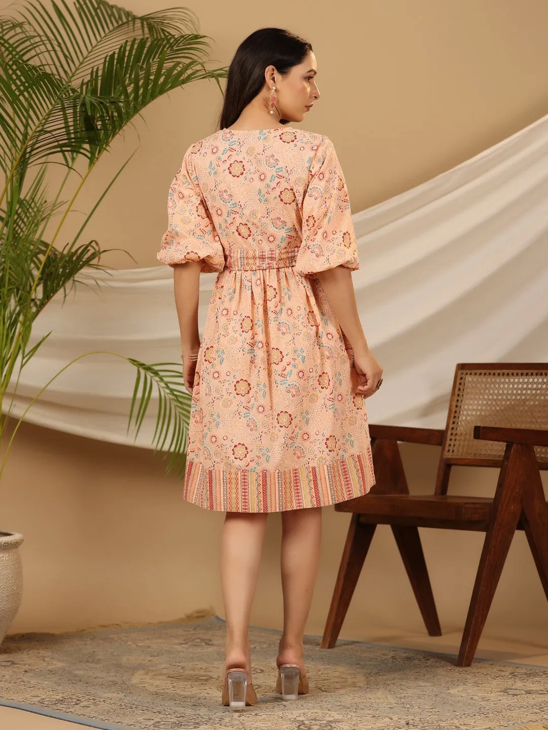 Jashvi Peach Floral Printed Pure Cotton Short Dress With Belt & Beads Work