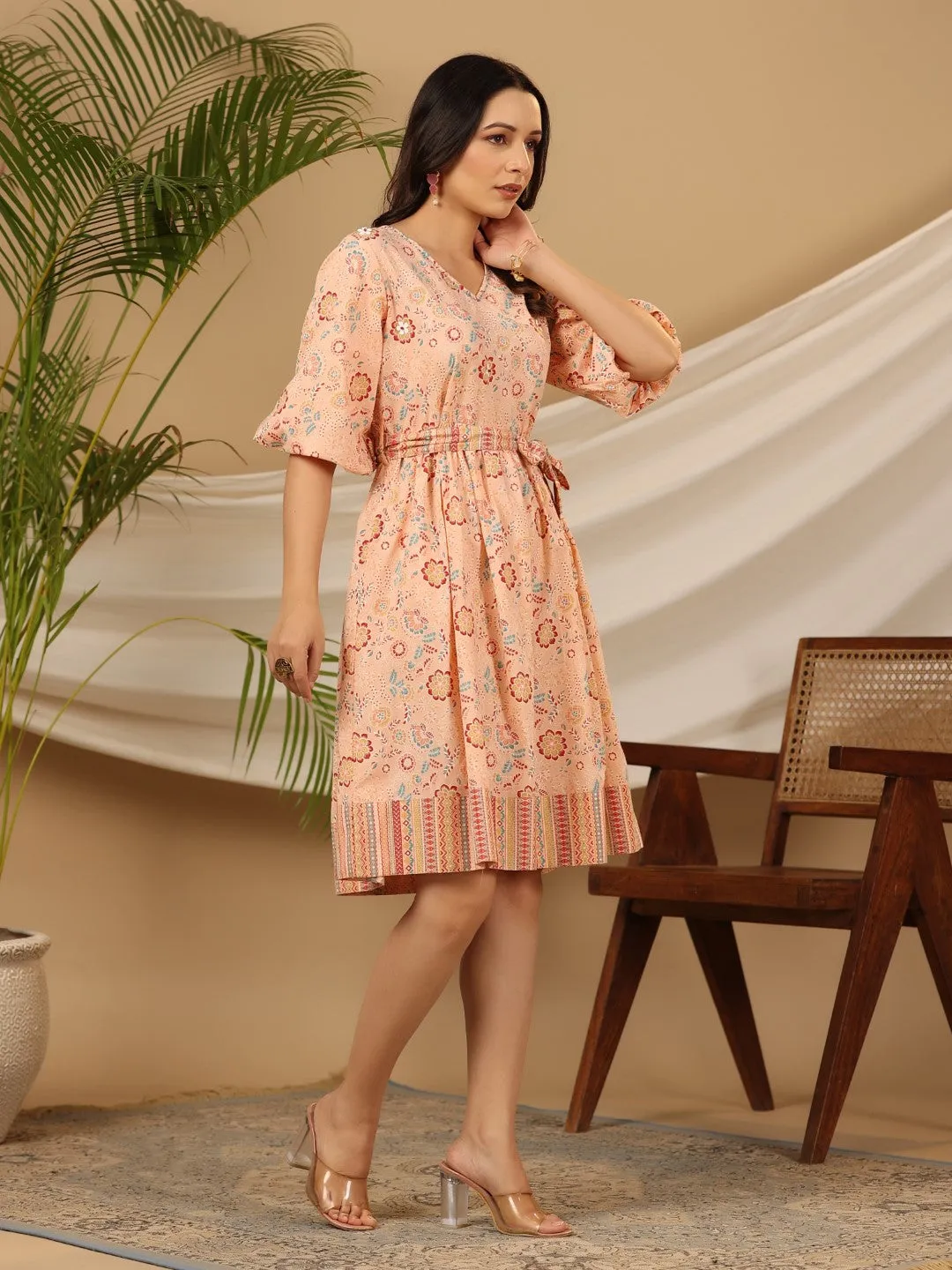 Jashvi Peach Floral Printed Pure Cotton Short Dress With Belt & Beads Work