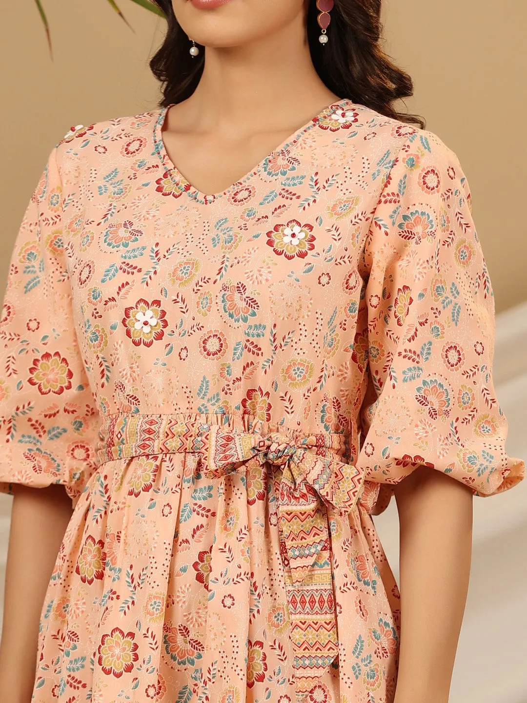 Jashvi Peach Floral Printed Pure Cotton Short Dress With Belt & Beads Work