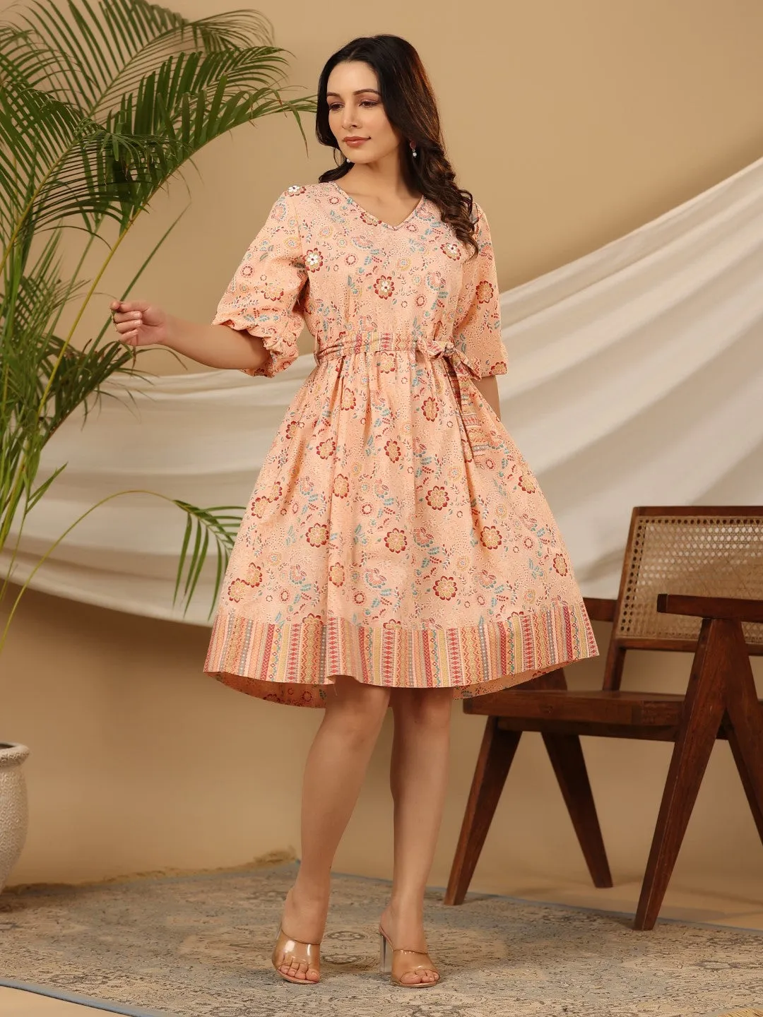 Jashvi Peach Floral Printed Pure Cotton Short Dress With Belt & Beads Work