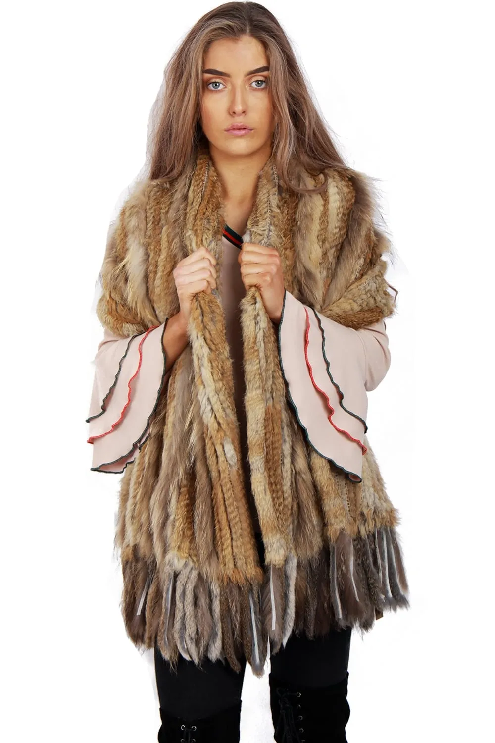 Knitted Real Fur Scarf with Tassels