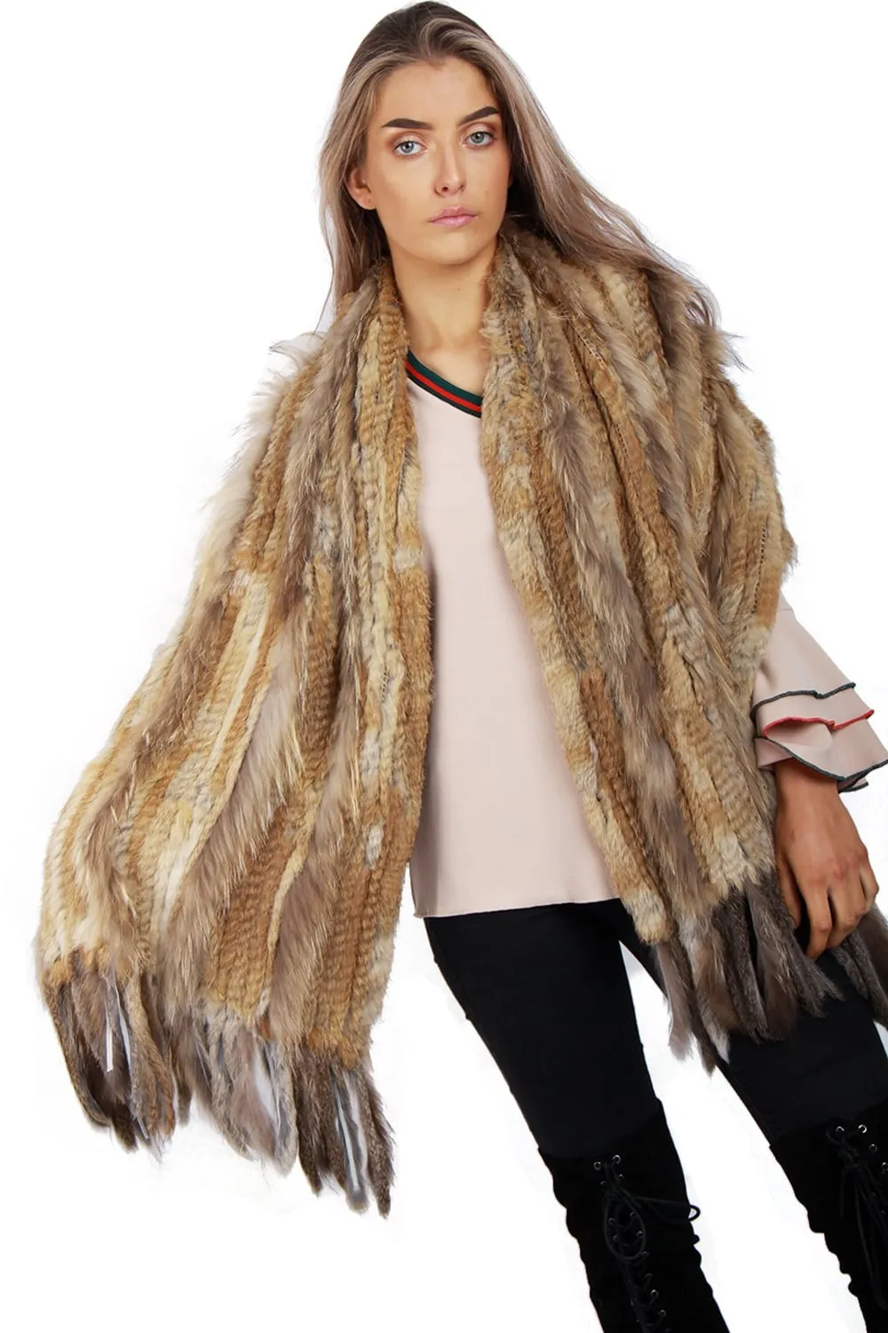 Knitted Real Fur Scarf with Tassels