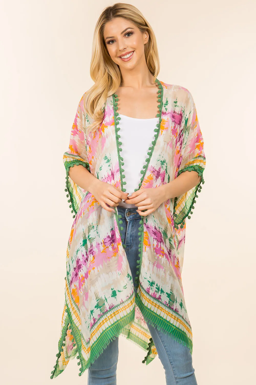 KP-0001 multi color kimono with pompom