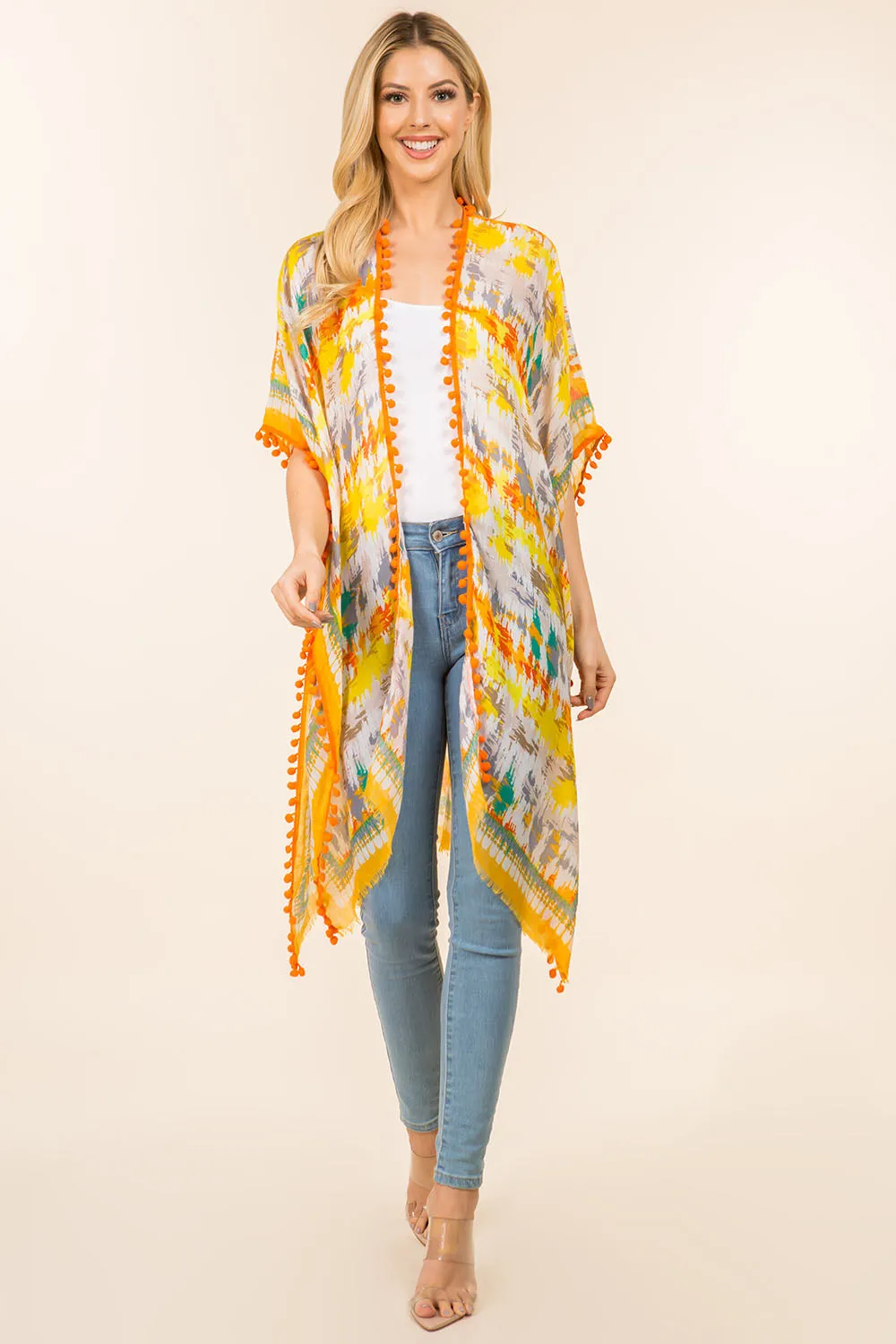 KP-0001 multi color kimono with pompom