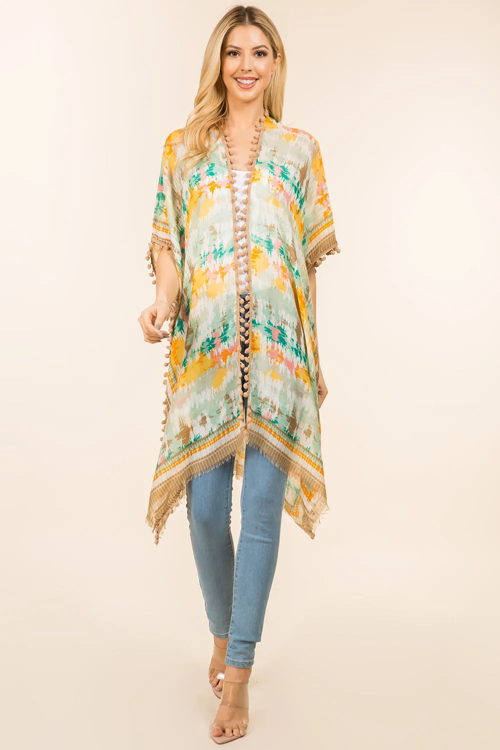 KP-0001 multi color kimono with pompom