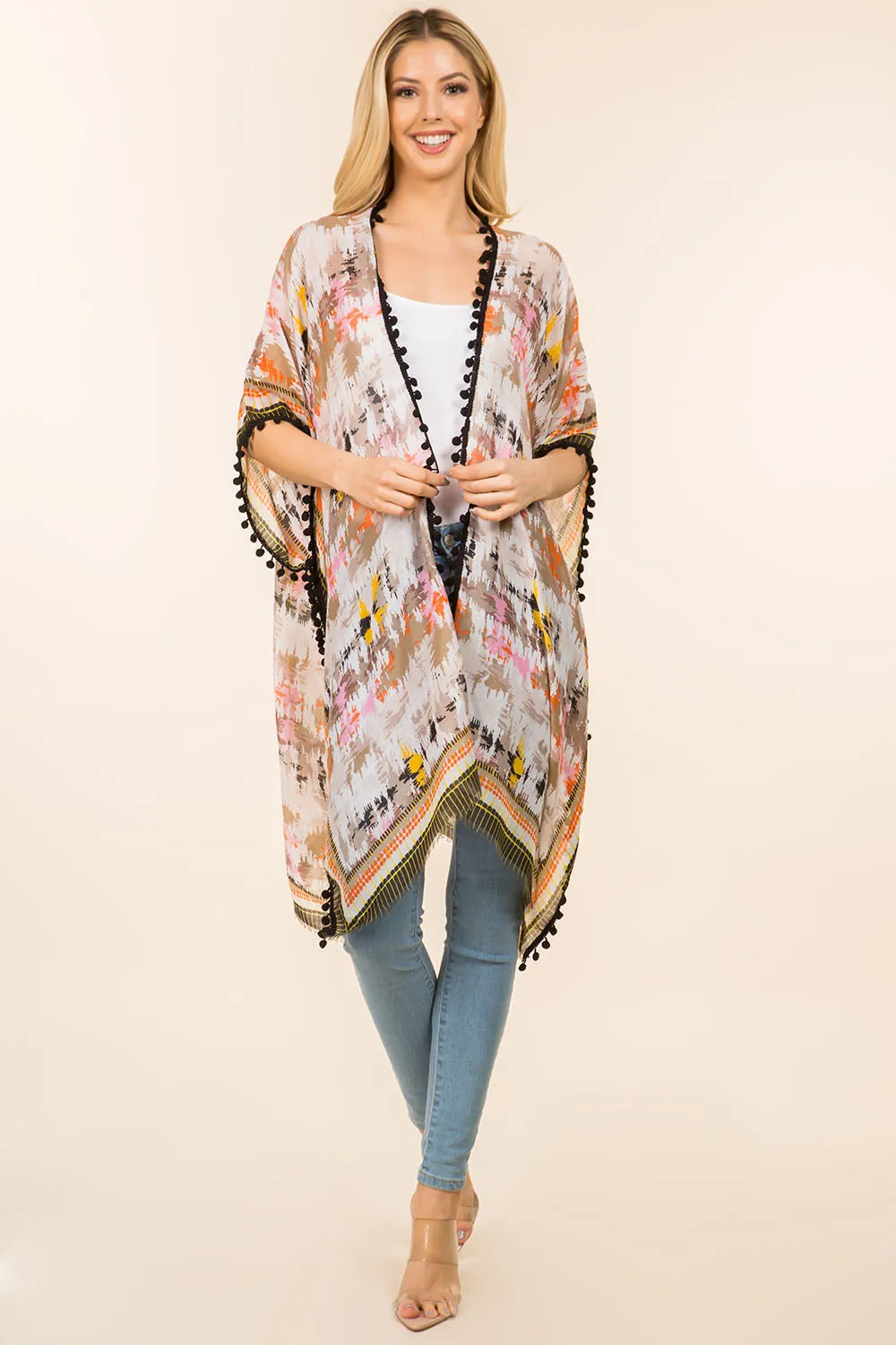 KP-0001 multi color kimono with pompom