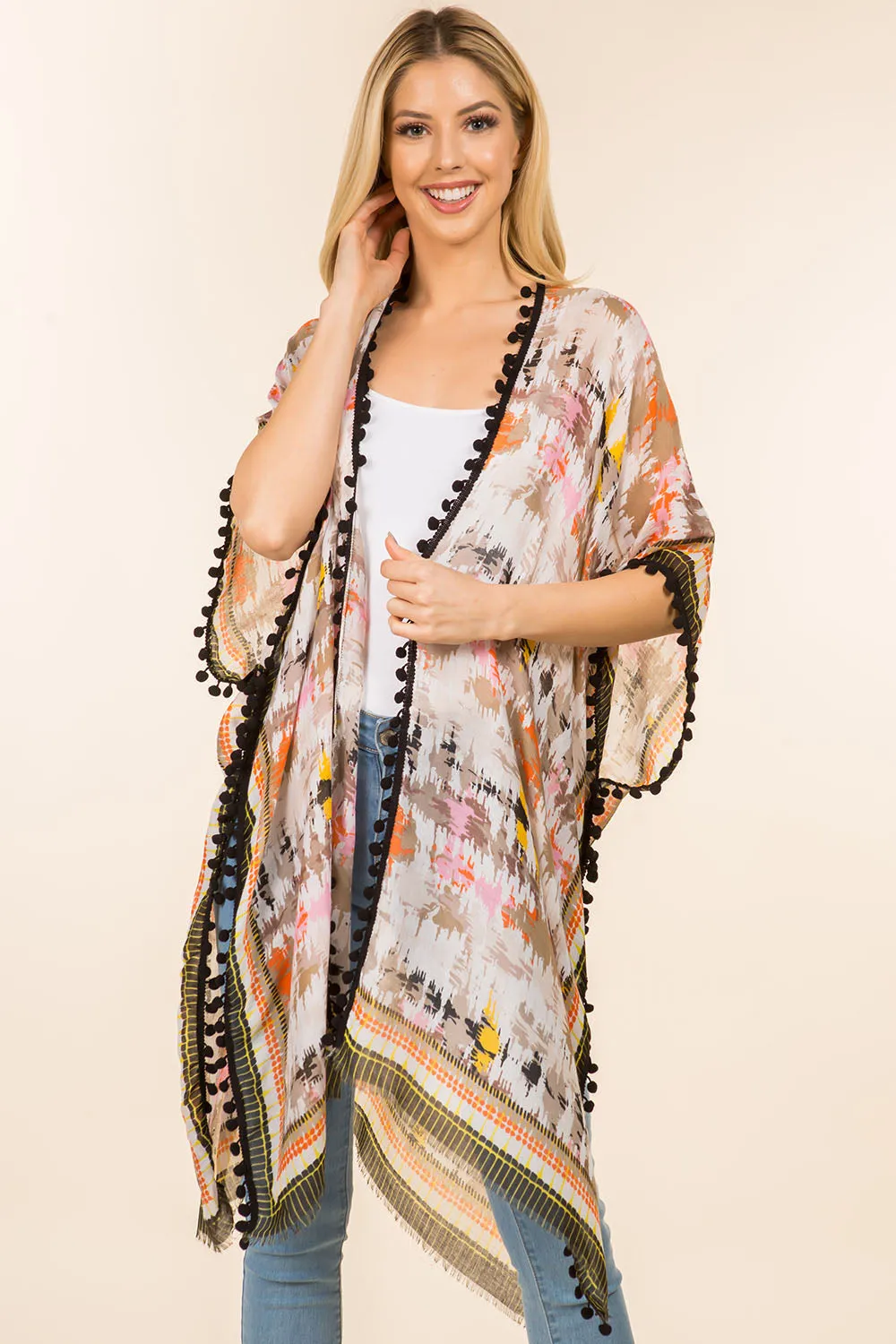 KP-0001 multi color kimono with pompom