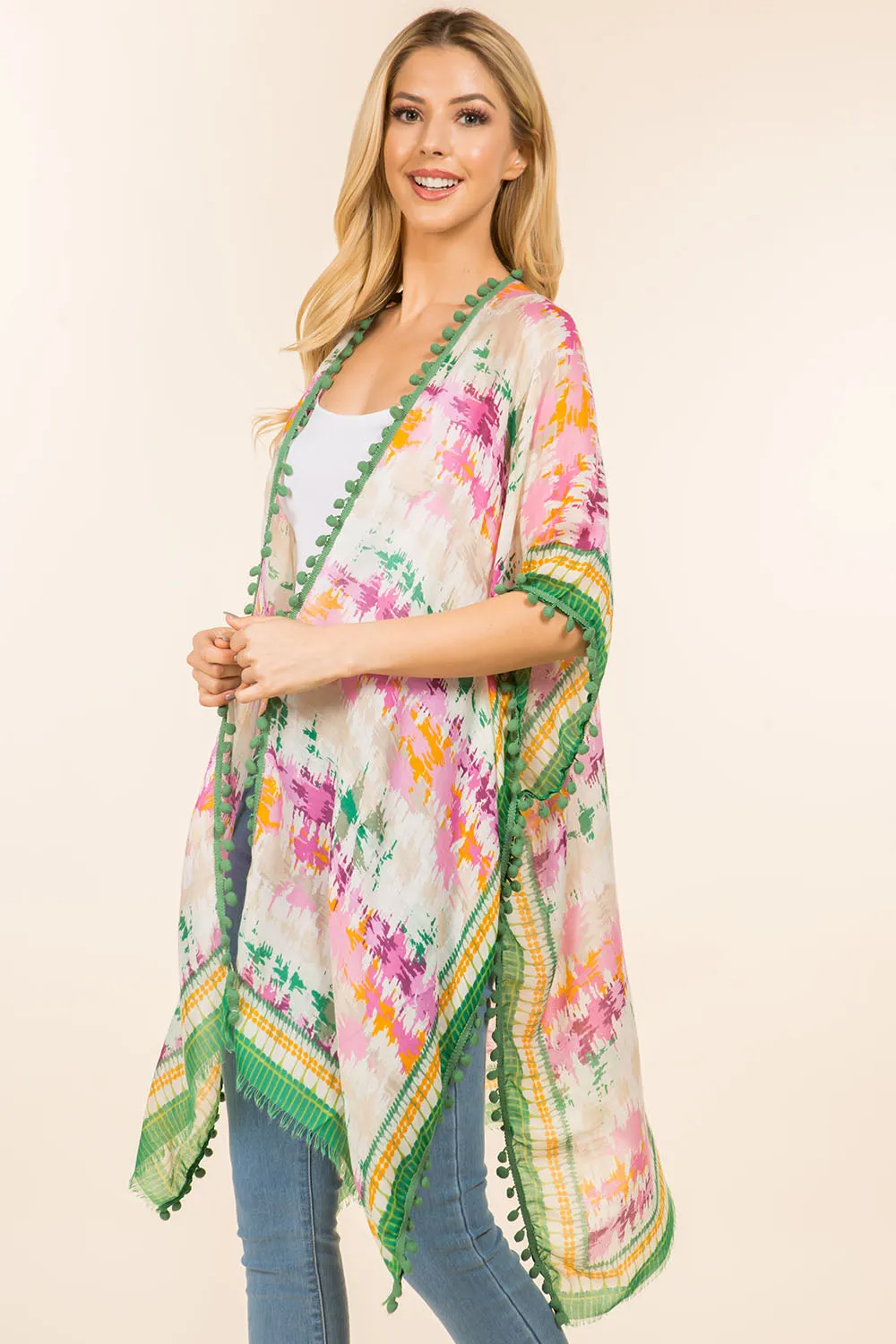 KP-0001 multi color kimono with pompom