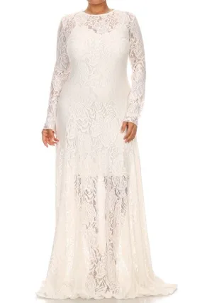 Lace Gown Maxi Dress Long Sleeve Cocktail Party Formal White Sexy