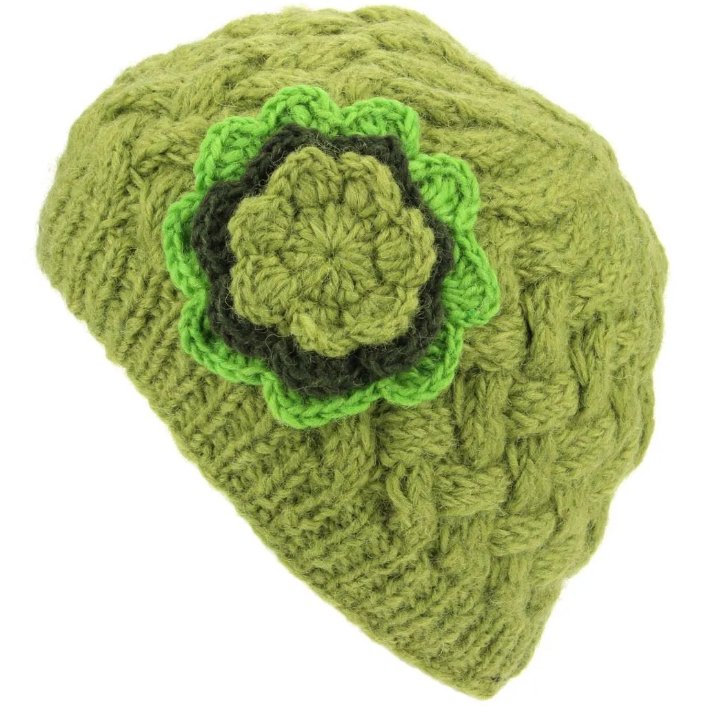 Ladies Wool Cable Knit Beanie Hat with Contrast Flower - Green