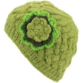 Ladies Wool Cable Knit Beanie Hat with Contrast Flower - Green